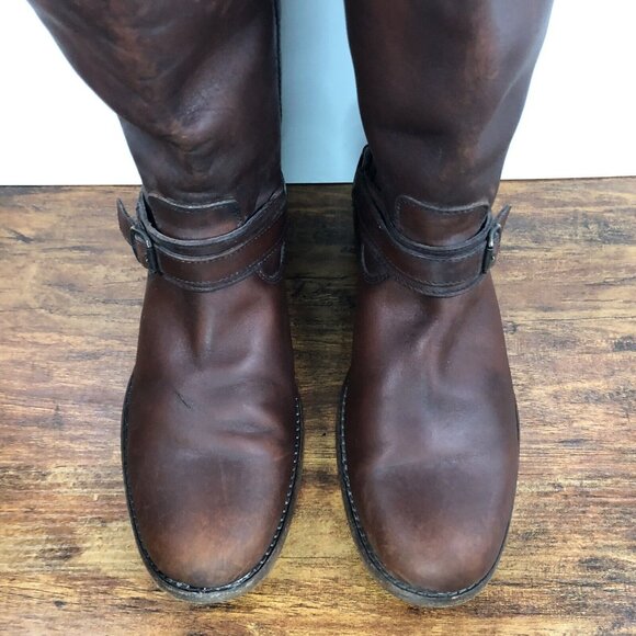Frye Womens SZ 8B Distressed Harness Buckle Tall Brown Leather Riding Boots 16” - Picture 2 of 11